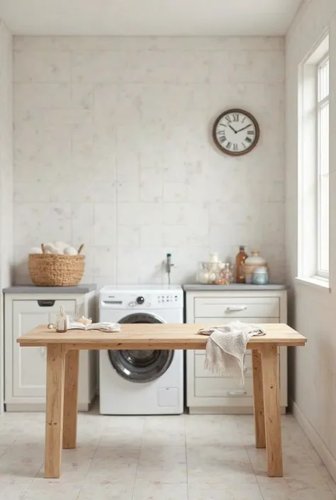 Take a back of a laundry room and a table that is in front to put something on top 