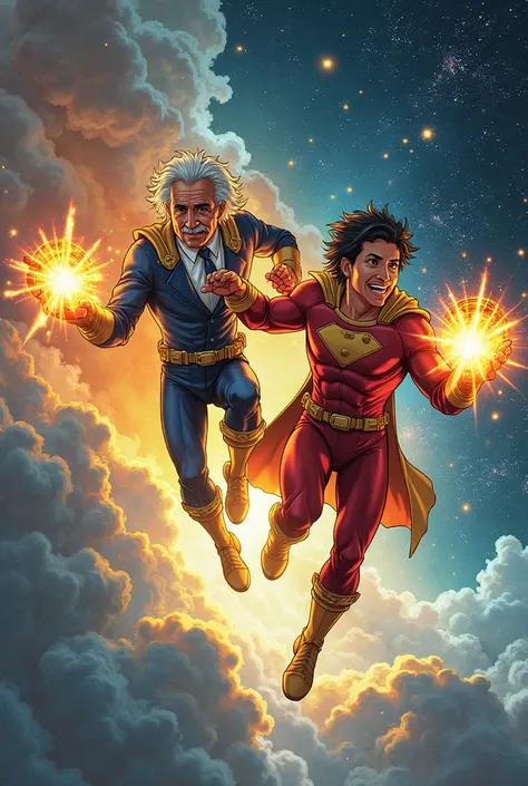 Albert Einstein, Robert oppenheimer with short black hair, two different scientists, flying high In space very fast, holding powerful hamburgers, dressed in superheroes customs with burgers, Magneto and Charles Xavier for example, saving the world with the...