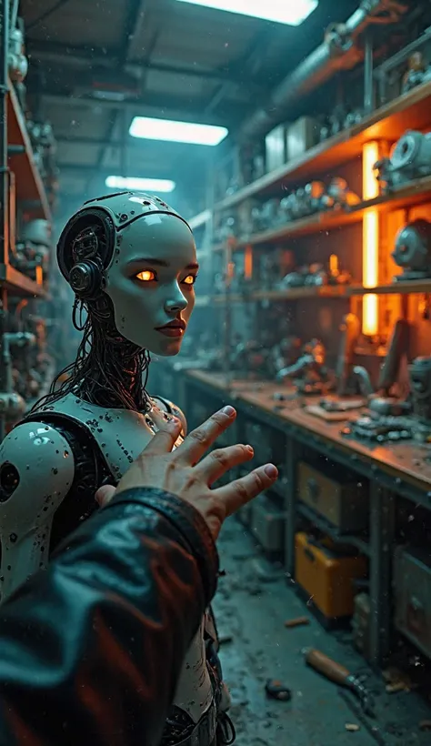 First-person perspective inside a dimly lit, cyberpunk-style robotics workshop. The viewer's hand, clad in a sleek black leather jacket, gently touches the shoulder of an unfinished humanoid robot. The robot has a smooth, porcelain-like face with delicate ...