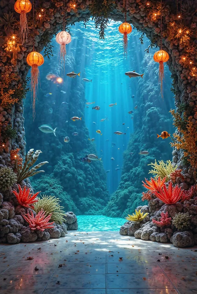 A lobby with a Aquarium's with tropical fish, coral teef decorations, and hanging jellyfish lights. Information boards with daily schedules, weather updates, and local attractions. Make more realistic 