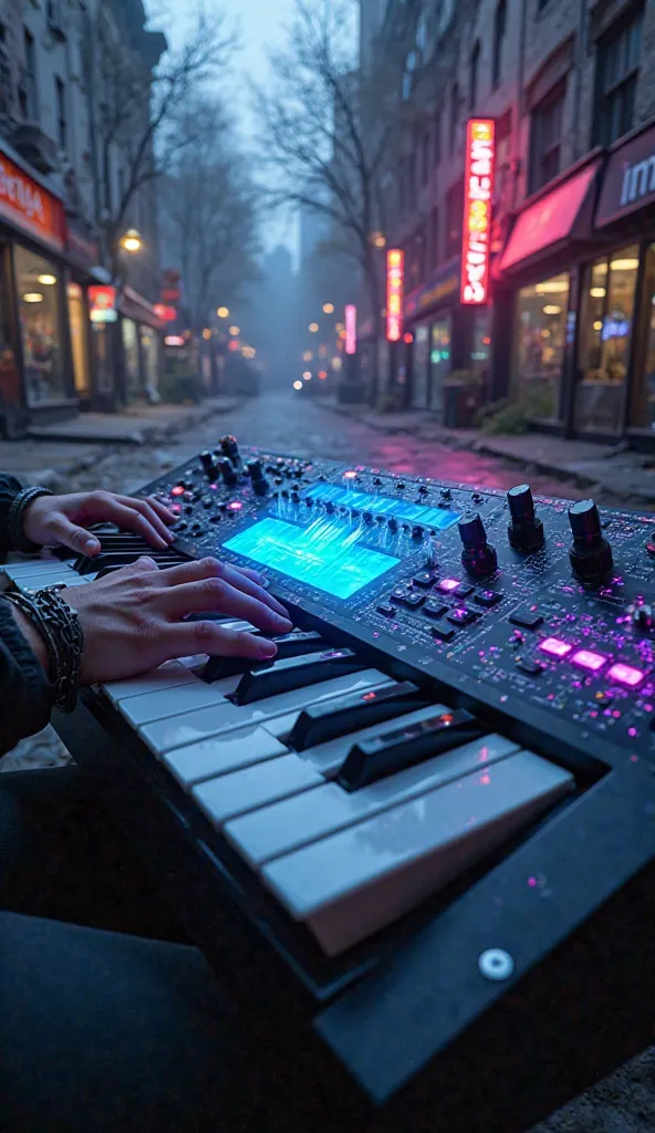 First-person perspective of a musician playing a futuristic, cyberpunk-inspired synthesizer with neon-lit keys and holographic controls. The hands, adorned with stylish bracelets and a dark sleeve, glide over the glowing interface, adjusting knobs and pres...