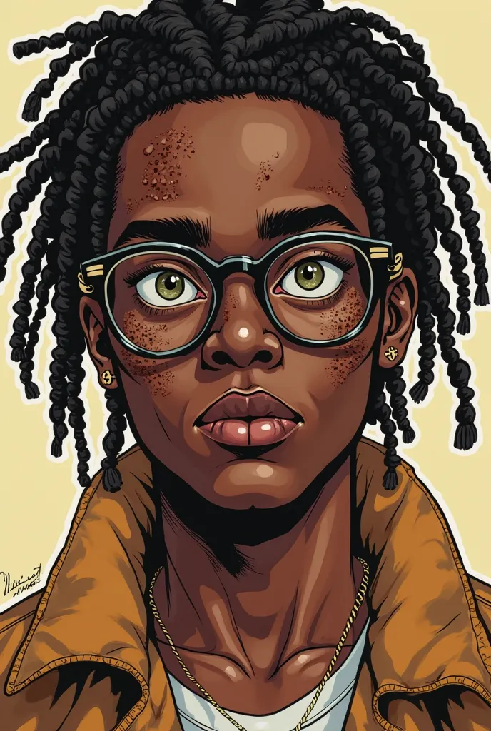 Milk Chocolate man with dark freckles all over his face and shoulders, has circles glasses. His left eye is a hazel while his right is a dark green. Hair being plain faux locs with a few having gold bands on them. Has a bridge nose piercing. In a comic art...