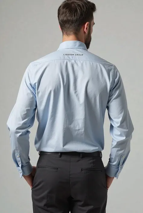 Long sleeve dress shirt with the Liedson Group brand written on the front on the left side and a slogan on the back