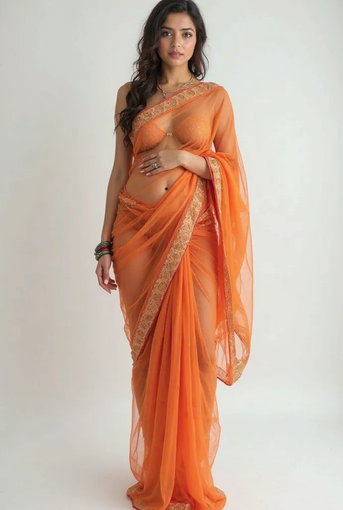 Attractive woman wearing a transparent Indian sari showing her belly, waist and legs, showing her full great body from head to toe inside the frame of the picture, her skin is smooth and pure as real as reality, her chest is small, her waist is sculpted an...