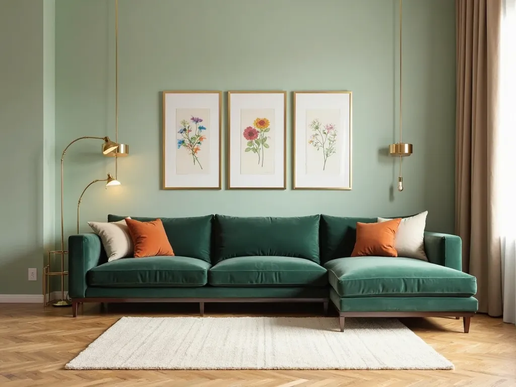 There is a light green wall. In front of the wall is a dark green L-shaped sofa. The sofa's legs are dark wood. There are 3 modern gold-colored frames on the wall. There are multicolored drawings inside the frames. There are gold-colored lighting fixtures ...