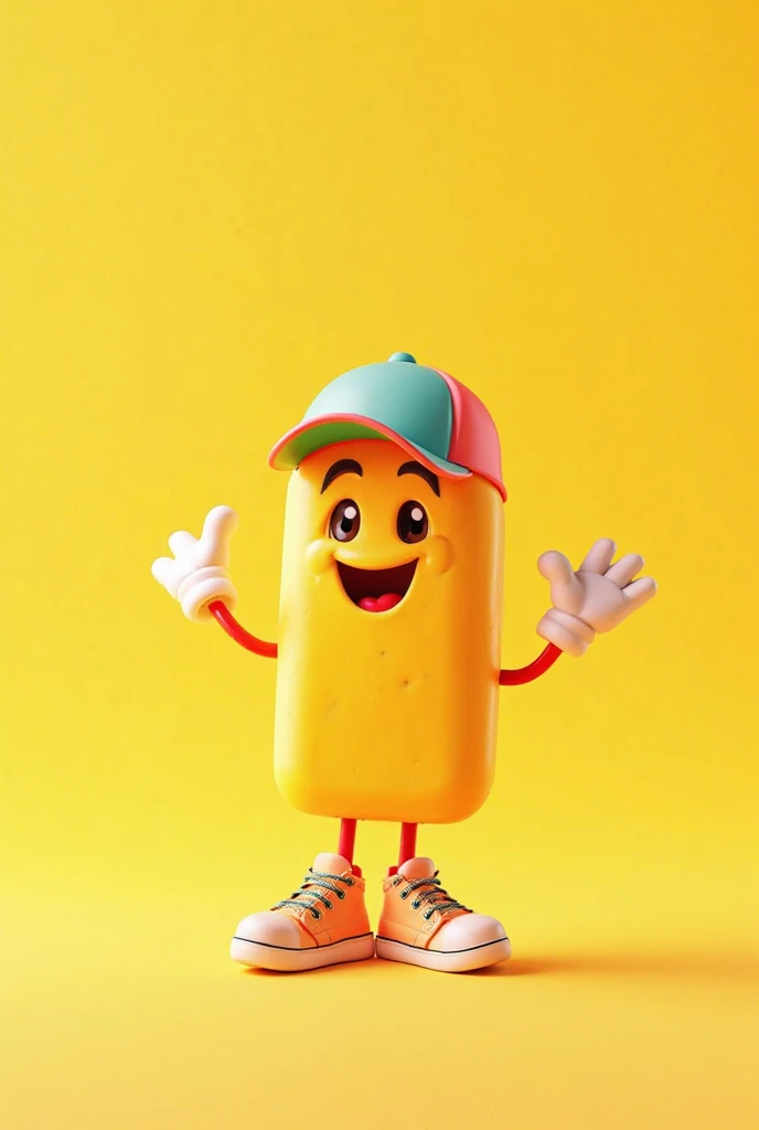 Popsicle greeted and circled in yellow with hands and feet wearing sneakers charismatic face wearing cap 