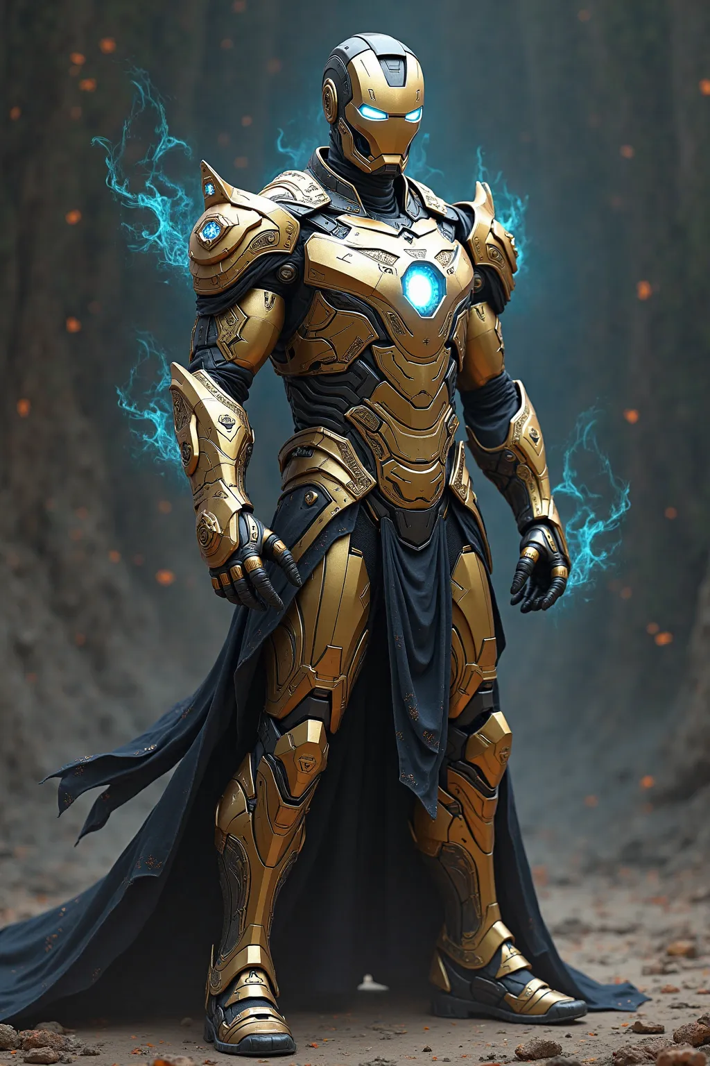 Create armor inspired by Iron Man, merged with the concept and reference of period wizards, a men's armor with wizard design details