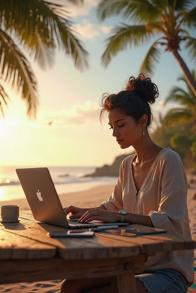  Person working from their laptop at a beach or cafe, representing the freedom of digital business.

