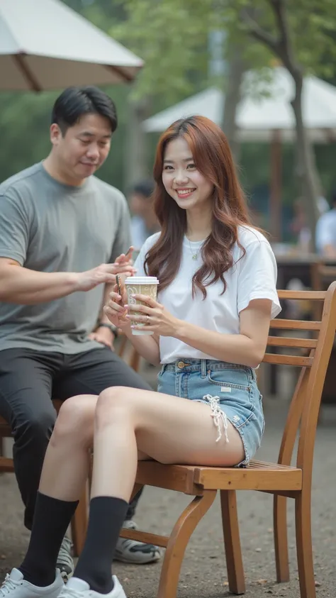 full body,Fat man gives woman a drink in a paper cup, enjoy a barbecue,21-year-old Japanese woman sitting on a chair,japanese,Korean style beauty,Young face,Transparency, pure white skin,Grey Eyes,cute, idol,Idol,portrait, model, long straight hair,Sex, gl...