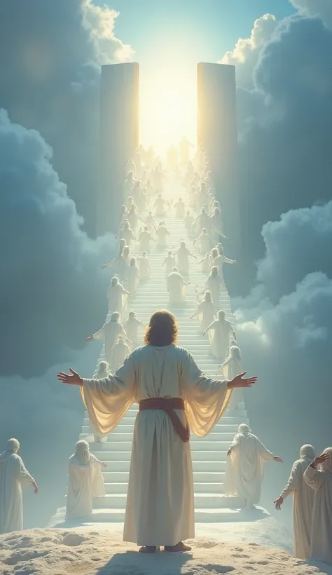 A breathtaking and ethereal scene of Jesus Christ standing at the base of an endless, glowing white staircase that ascends into the sky, disappearing into the heavens. The lighting is a soft, radiant light blue, creating a peaceful and divine atmosphere. J...