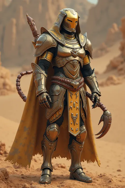 Create armor inspired by Iron Man, but with an Egyptian vibe, Egyptian armor made to survive in the sands and heat of Egypt, But with a scorpion design, armor accompanied by a deadly scorpion tail and characteristics of this animal