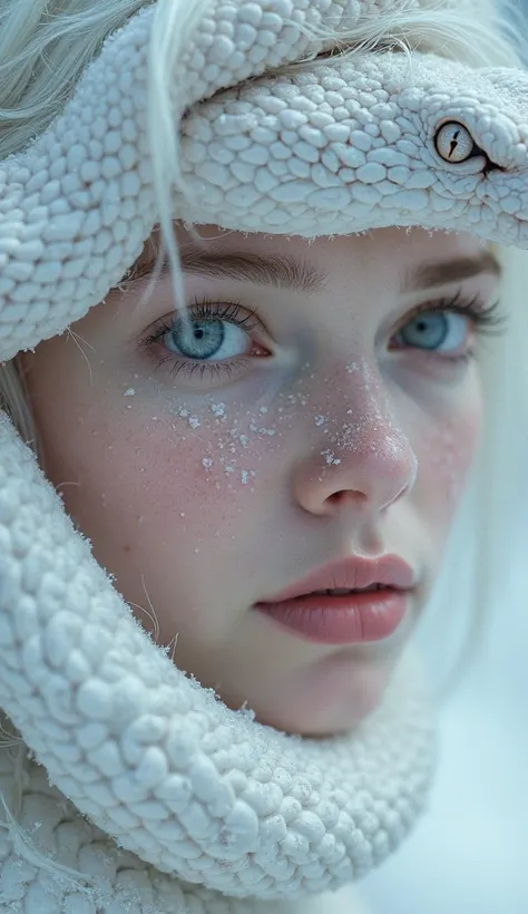 Close-up portrait of a young, light-skinned woman with striking blue eyes,  and white hair.  Her skin has a frost-like texture, covered in fine, glistening white particles, almost like frost or glitter. A white snake, with prominent closed eyes, coils arou...