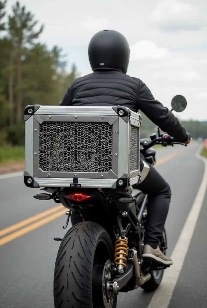 A motorcycle case in the back, for transporting dogs, The suitcase has aluminum grilles, It is not necessary to put the dog inside.