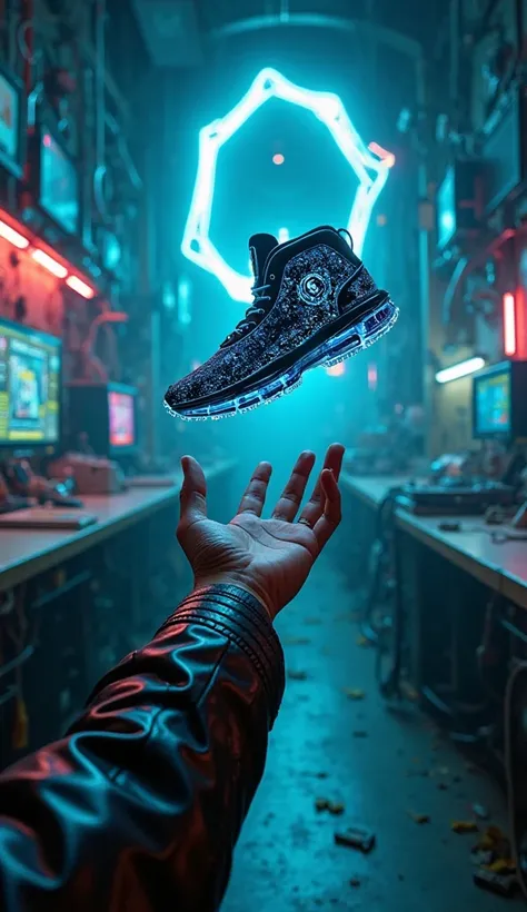 "A first-person perspective of a person wearing a sleek black leather jacket, tossing a futuristic sneaker into the air inside a dimly lit cyberpunk workshop. The shoe hovers weightlessly, glowing with intricate neon blue circuitry details, reflecting the ...