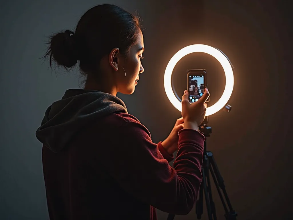 An influencer ( man or woman ) COVER recording content with a ring light or cell phone. GENERATE AN IMAGE OF A SINGLE PERSON, Looking forward
