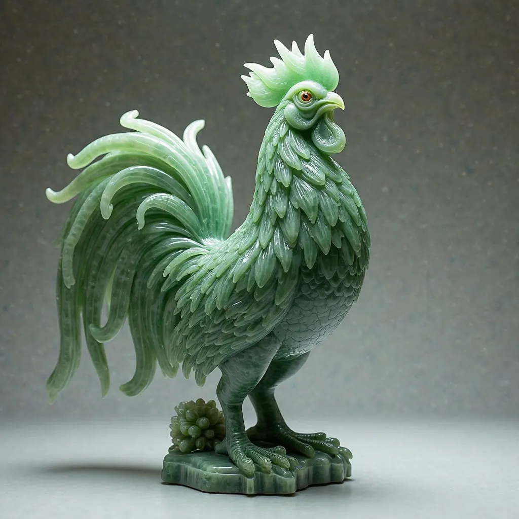 Jade Sculptureï¼Jade , realistic,  Rooster ,  feathered wings,  cinematic lighting, 