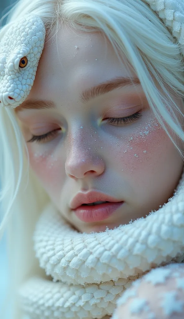 Close-up portrait of a young, light-skinned woman with striking closed eyes,  and white hair.  Her skin has a frost-like texture, covered in fine, glistening white particles, almost like frost or glitter. A white snake, with prominent closed eyes, coils ar...