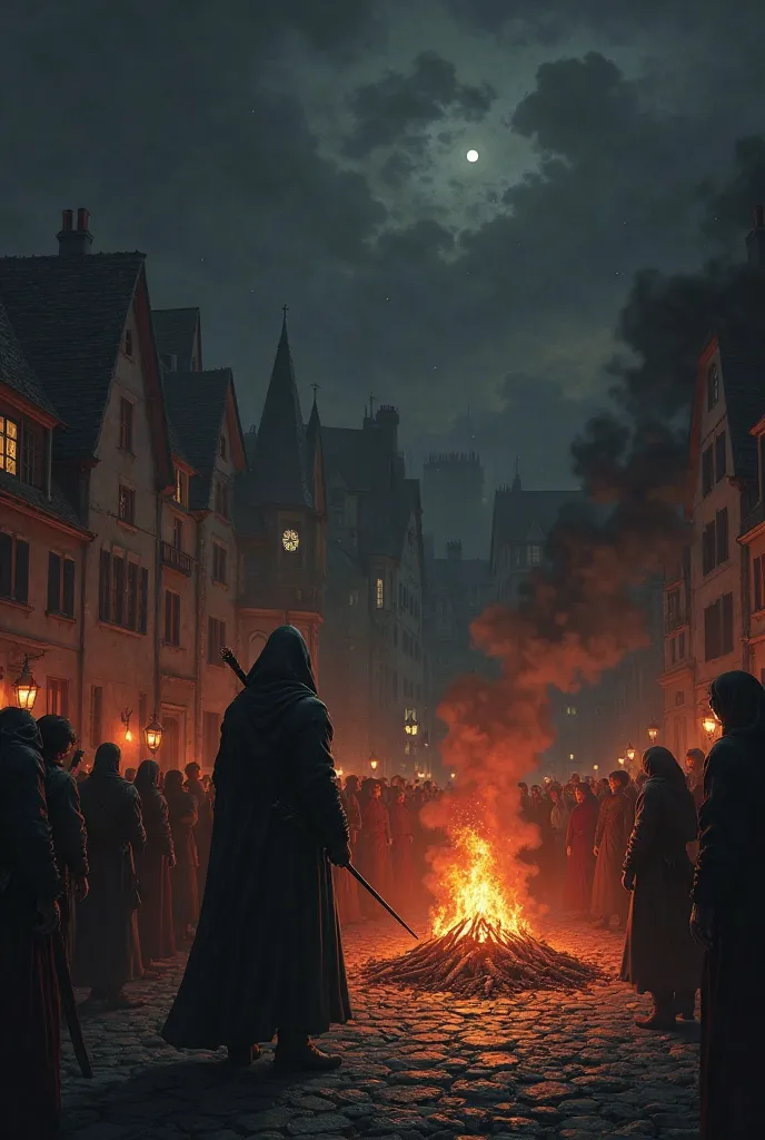 "Dark and dramatic scene: medieval city in the night, on the square, illuminated only by the lights of the fire. There is a crowd of people, . Their faces are hidden in the shadows, in his hands and a fire in the center, where the figure of a woman. A man ...