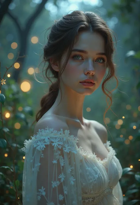 A girl, 19 years old,  with white skin, blue eyes,  ROUND FACE EYEBROWS,  small mouth , small nose, light brown hair, straight hair, very long hair, big breasts, small waist, wide hips, a white dress with flowers,  white stockings,  in the woods at night ,...