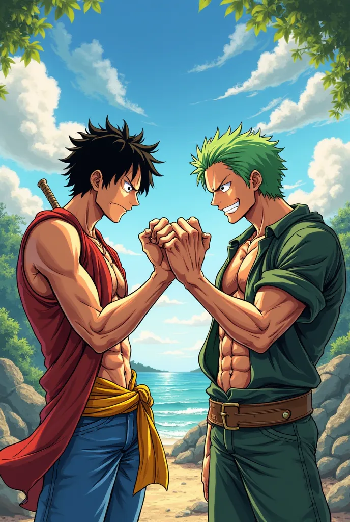 Luffy and Zoro hitting the chest with a clenched fist as a form of brotherhood 