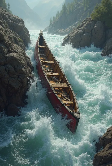 Canoe destroyed on a rock 