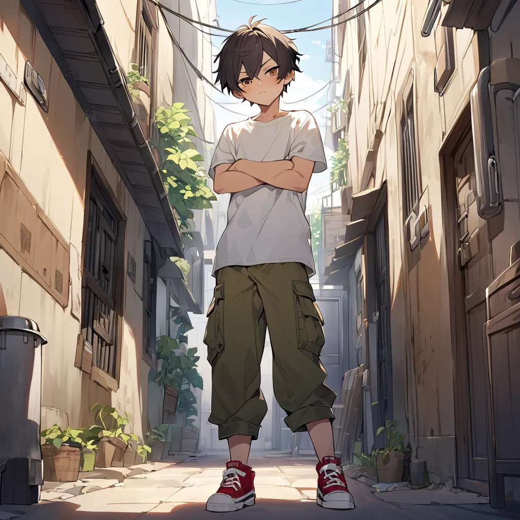 A young single boy,  Shota, (Alone:1.0), brown eyes,  black hair,  (Very short hair:1.0), ( Unkempt Hairstyle:1.0), ( pale tanned skin :1.0),  have slightly blushing cheeks,  wearing a white shirt, I'm wearing cargo pants, is wearing red sneakers,  cross y...