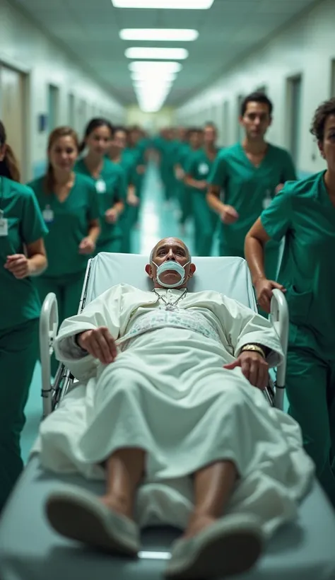 Ultra-realistic, cinematic scene inside a hospital. Pope Francis is lying on a stretcher, being rapidly transported down a brightly lit hospital corridor. He wears a hospital gown and is connected to an IV drip. An oxygen mask covers his face, showing his ...