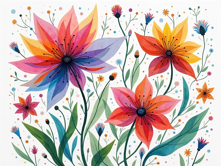 There are 4 interconnected, multi-colored abstract floral drawings.