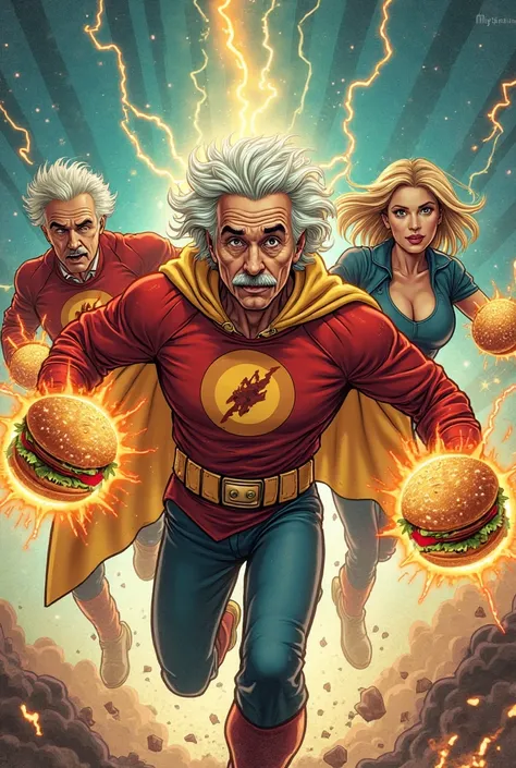 Albert Einstein, Robert oppenheimer with short black hair, two different scientists, moving fast, holding powerful atomic hamburgers, dressed in superheroes customs with burgers, Magneto and Charles Xavier for example, saving the world with their powers, s...