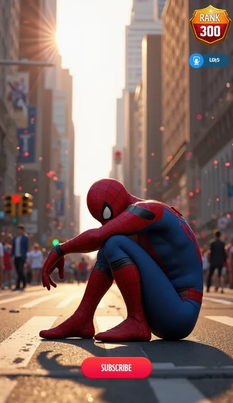 "A highly detailed 3D-rendered image of Spider-Man sitting on the ground in the middle of a busy city street. He is wearing his classic red and blue suit with black web patterns, and he is in a sad or thoughtful pose, with his arms wrapped around his knees...