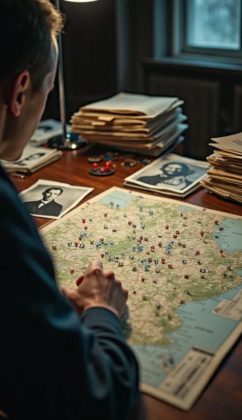 A table full of FBI investigation materials: a map with marked locations, black-and-white photos of suspects, stacks of old case files, and a detective looking at clues. The lighting is moody and serious, giving a feeling of mystery and unresolved question...