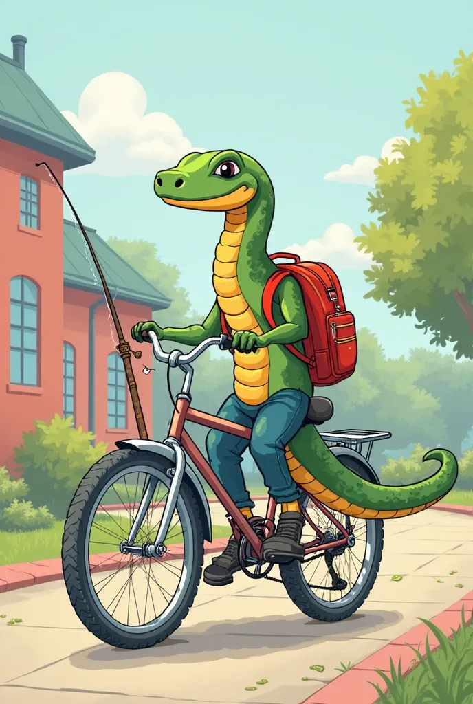 A snake at school riding a bike holding a fishing rod Easy to draw 