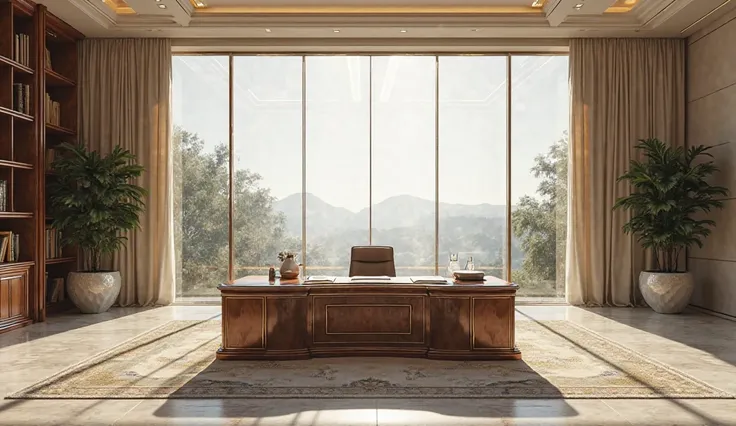 A luxurious and large desk with a chair on the north, the office is large and luxurious. Its colors are consistent. The office is light in color and has a glass window 