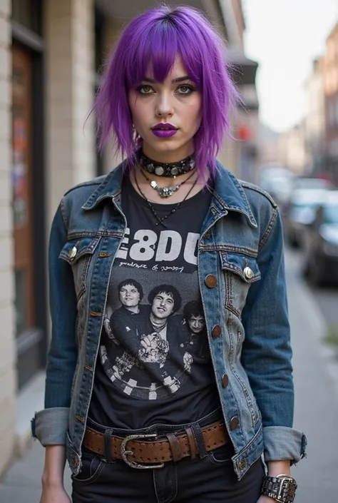 *Of coarse, Anna’s style was very alternative, punk mixed with a bit of scene. She was wearing some black skinny jeans, a band shirt, a thick belt, and a denim jacket. Her hair was dyed in a bright shade of purple and styled in a choppy bob. She had some d...