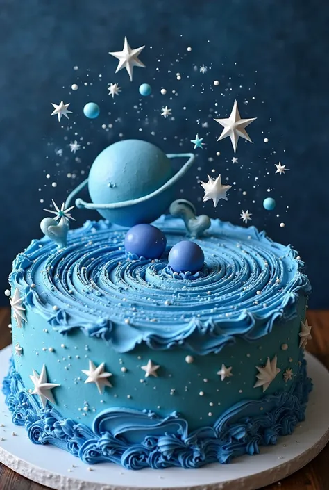 rectangular space-themed cake, Where you can see blue stars and Saturn without 3D elements all drawn with whipped cream colored flat for agers