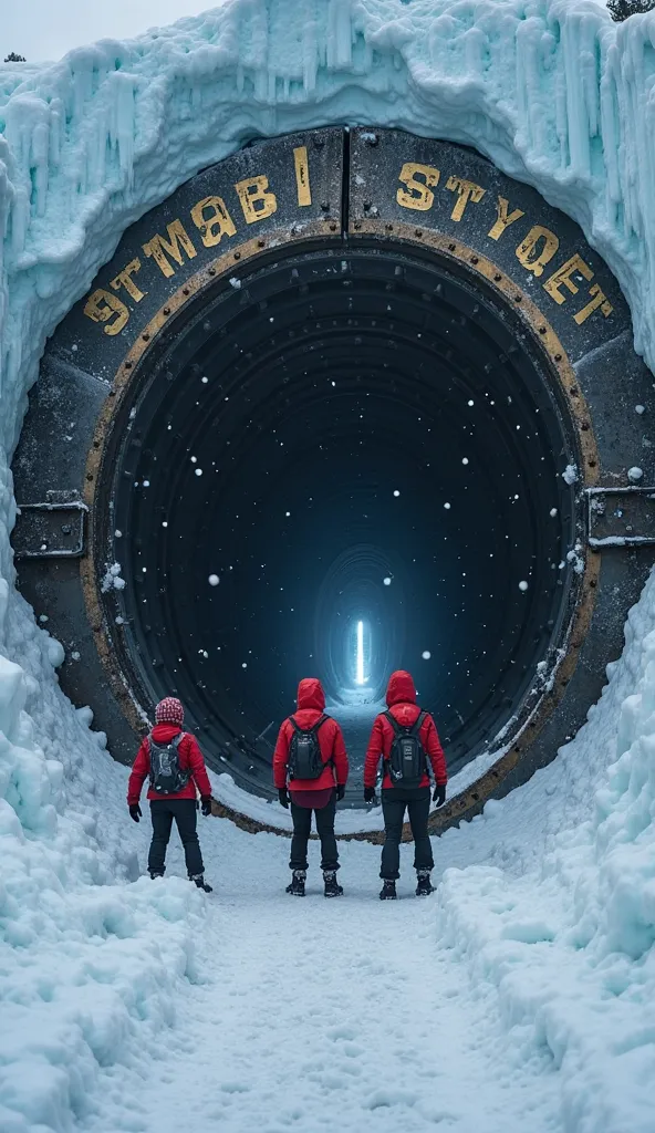 "The gigantic metal door has been torn out of place and lies leaning over the snow, with its golden inscriptions partially covered by frost. The circular hole in the ice wall reveals a dark and colossal entrance, large enough to A truck could pass to Throu...