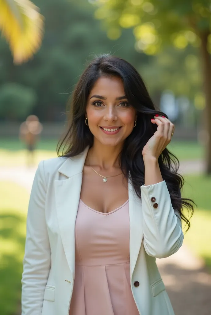 Generate a very realistic and natural photo of a 35-year-old Brazilian woman , 70 kg half a chubby, light makeup, long straight black hair, wearing a white blazer with a well-closed pink dress , light makeup,  is smiling, your fingers are perfect and nails...