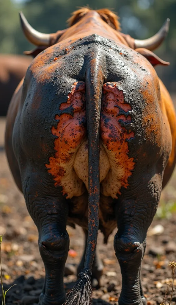 
"A **highly detailed 8K cinematic micro close-up shot** of the **backside of the massive, overgrown, overweight brown cow, focusing on the extreme burn wounds.**  

The **skin is charred black in some areas, while other spots are swollen with large, fluid...