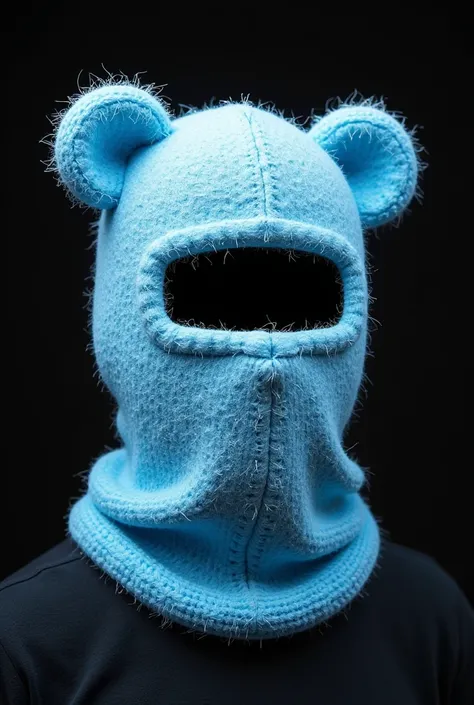 light blue balaclava. balaclava with "teddy bear" ears. made with fine details. on a black background. rectangular eye cutout. made in the style of wax crayons. the graphic shows only a balaclava.