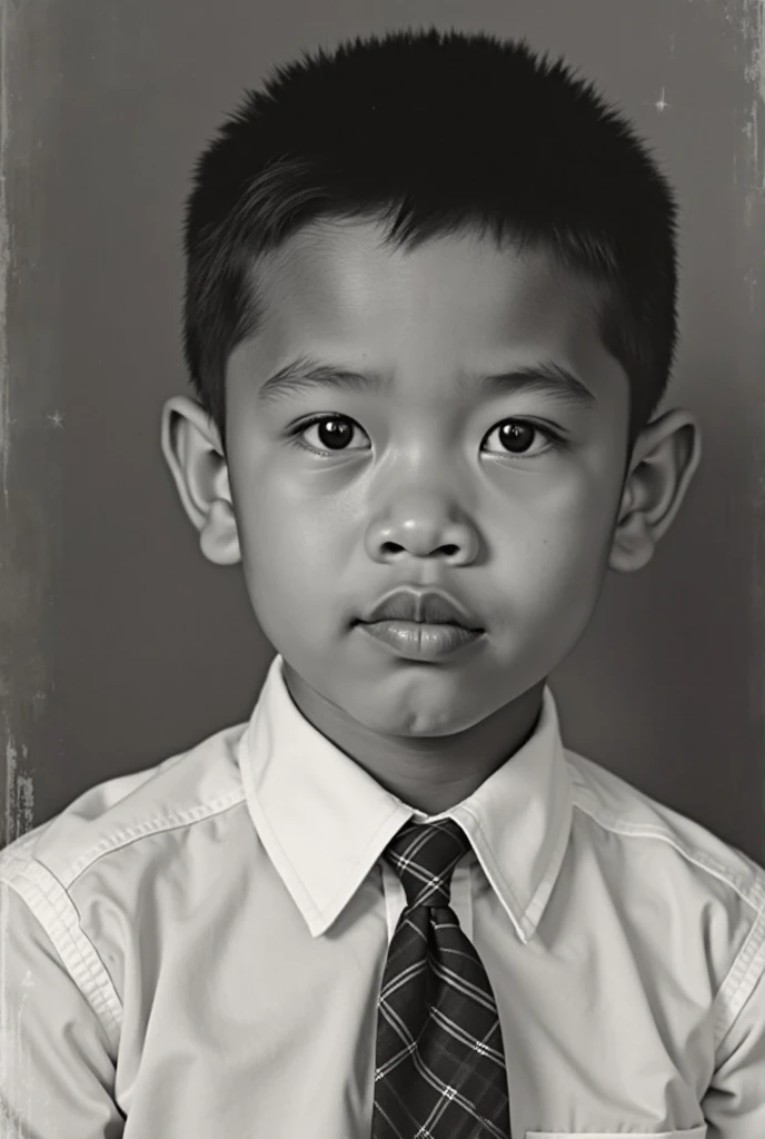 arafed black and white photo of a boy with a tie, a black and white photo inspired by Basuki Abdullah, tumblr, sumatraism, around 1 , ramil sunga, old picture, taken in the early 1990s, anton, 1990's photo, frontal portrait of a young