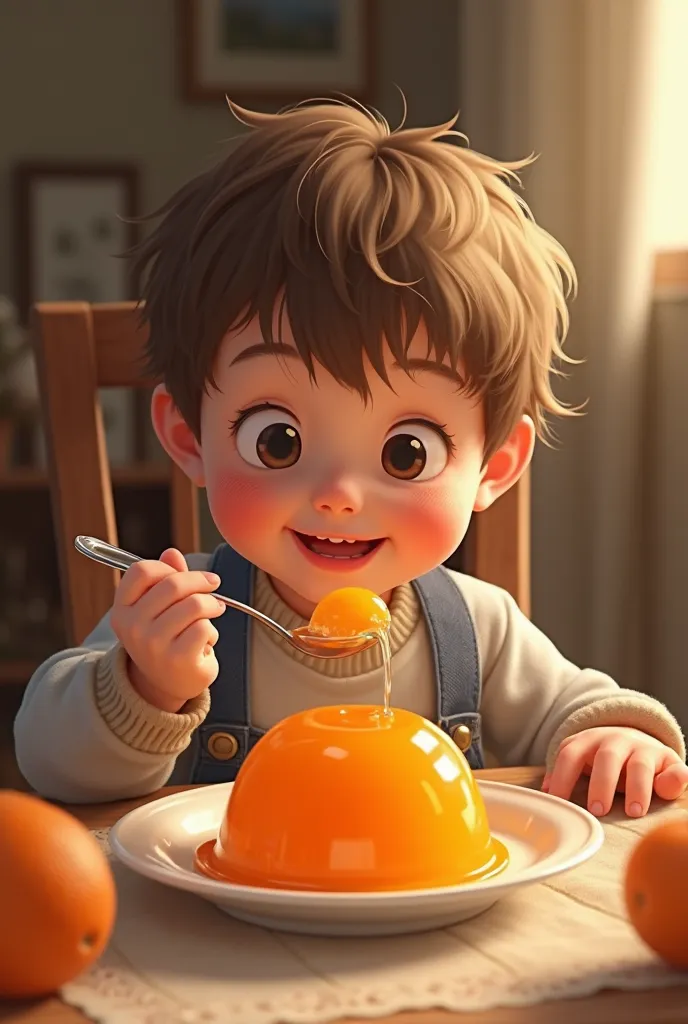 Boy eating orange jelly