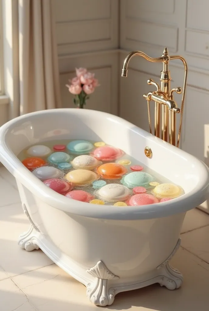 large elegant bathtub with aromatic soaps in the water of different colors, neutral-colored soaps