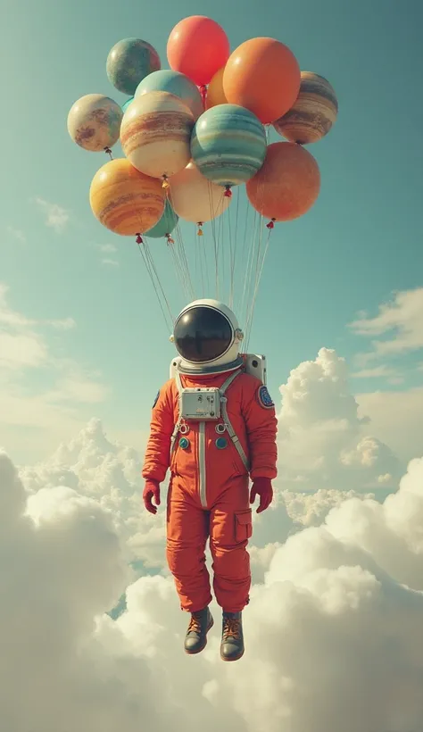 astronaut in a red suit floating among the clouds held by balloons with figures of the planets of the solar system