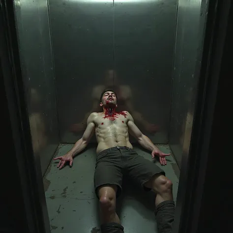 A man with a wound in his neck and lying in the elevator