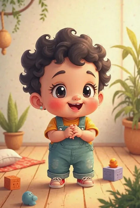 One-year-old baby cartoon with curly black hair 