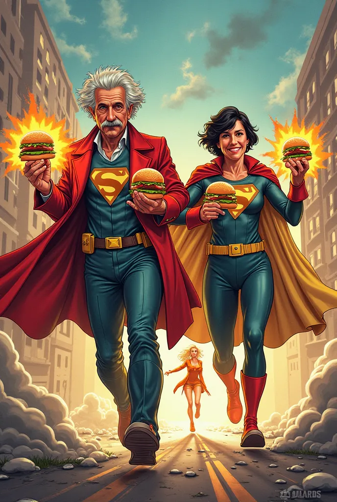 Albert Einstein, Robert oppenheimer with short black hair, two different scientists, moving fast, holding powerful atomic hamburgers, dressed in superheroes customs with burgers, Magneto and Charles Xavier for example, saving the world with their powers, s...