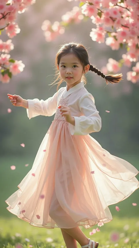  Realistic Shots ,  super real,  young girl ,  wear a white shirt ,   Beautiful Dress , elegant,  【Contemporary , trend, Dancing Outdoors,  Peach Blossom, Falling Peach Blossoms,  STUDIO LIGHTING,  Oblique light, clarify the background, 