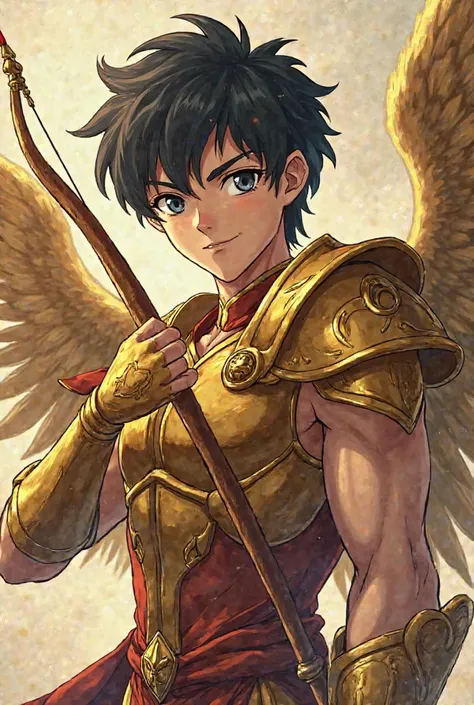 young man of approximately 24 years old, tez blanca, grey-eyed,  short black hair, dressed in golden armor of the Sagittarius sign with golden wings. Holding in his hands a bow and arrow, on his forehead he has a dark red ribbon tied, without any accessori...