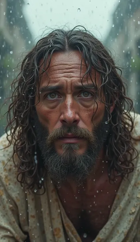  An ultra-realistic representation of Jesus in 4K, With a sad and tired face. Jesus is looking directly into the camera. front view. Jesus is lying on the ground , with one hand raised asking for help. In the background uma rua de um vilarejo simples,  all...