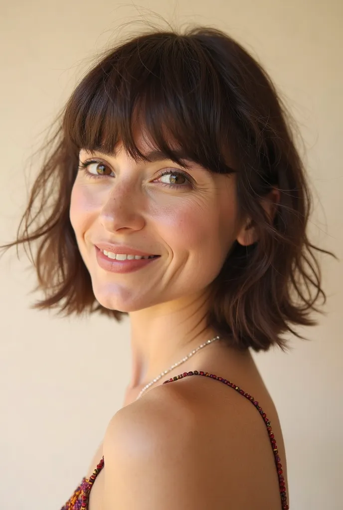  portrait photograph, Southern Europe,A woman with a medium cut and short fringe, posing with a light smile. The fringe is well aligned, highlighting the eyes . Bright background and natural lighting., Nikon D6,  photo over the shoulder , angle at ground l...